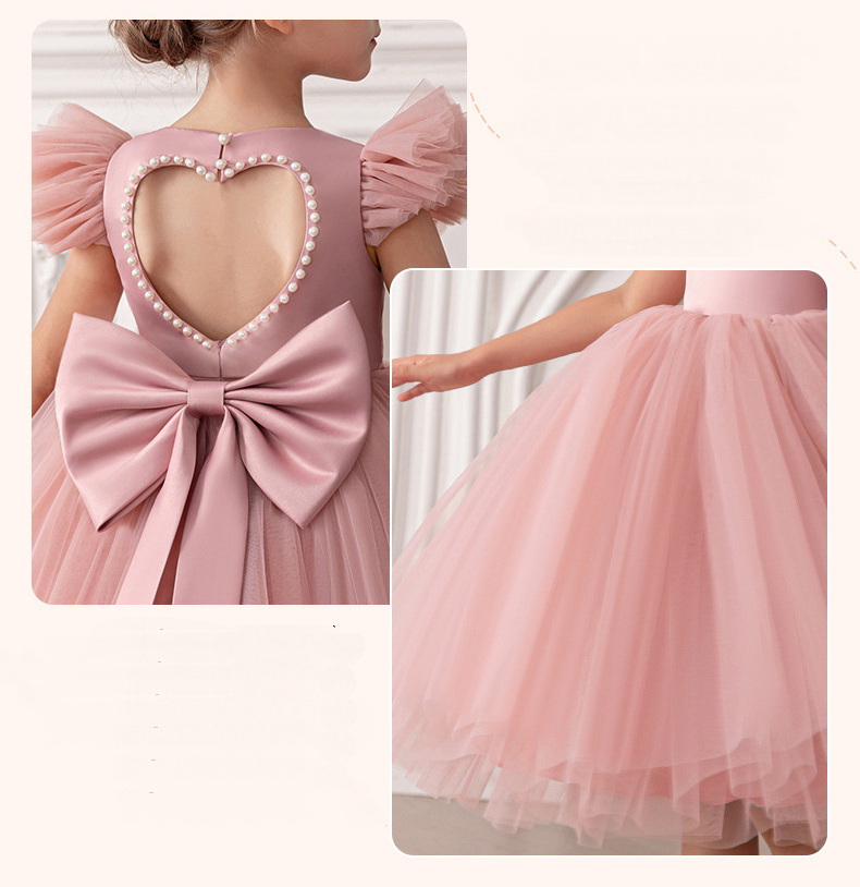 Gd4520- พร้อมส่งจากไทย ชุดออกงานเด็กหญิงสีแดง หลังเว้าสวยหวานด้วยมุก แขนระบายน่ารัก โบว์แยกจากชุดได้ ชุดราตรีเด็กทรงสั้น