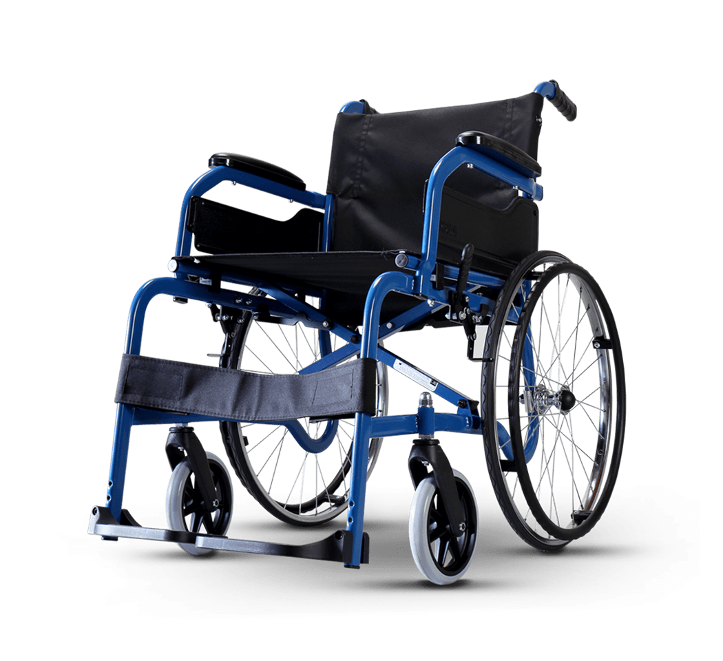 รถเข็นโครงเหล็ก แบรนด์โซม่า รุ่น CHM100 (WheelChair SOMA CHAMPION 100) โครงสีน้ำเงิน ล้อหลัง 22 นิ้ว เบาะสีดำ 18 นิ้ว ของแท้ รับประกันศูนย์ไทย 1 ปี