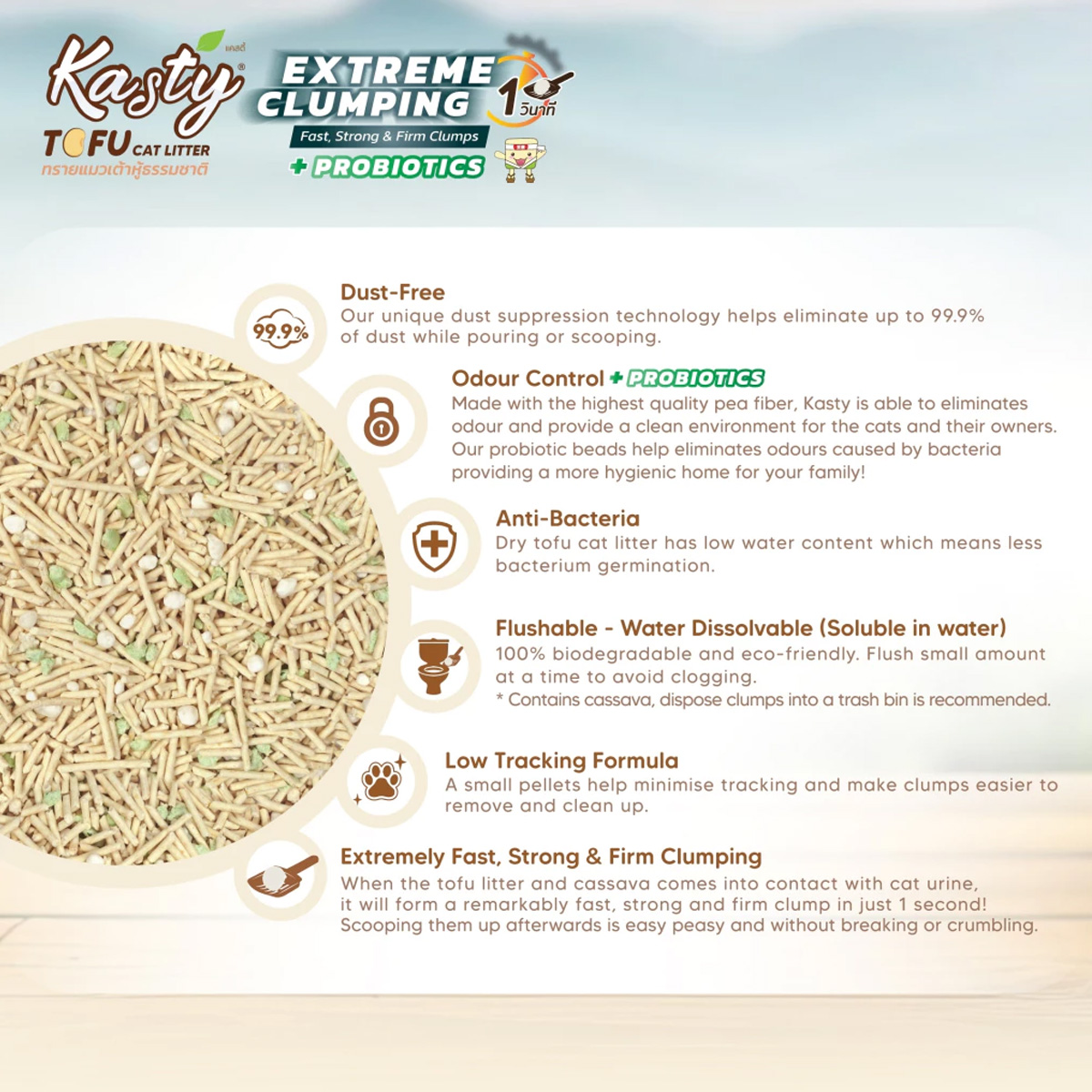 Kasty Extreme Clumping Tofu Cat Litter ทรายแมวเต้าหู้ธรรมชาติ มี Probiotics เคสตี้ สูตรจับตัวเป็นก้อนแข็งพิเศษ ขนาด 12l