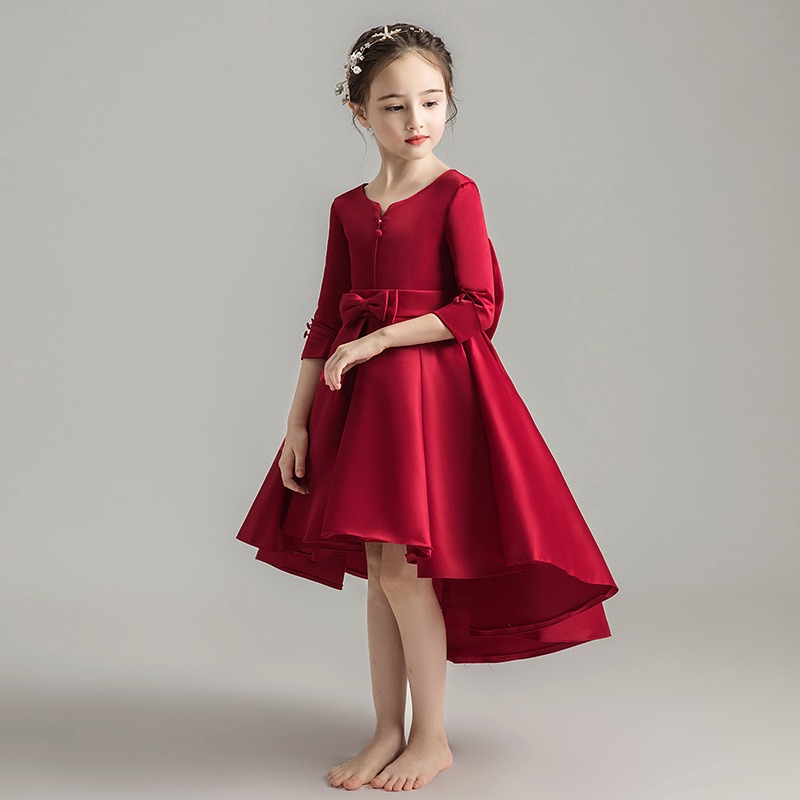 Gd35002-2 พร้อมส่ง ชุดออกงานเด็กหญิงสีแดงเข้ม ชุดราตรีเด็กทรงหน้าสั้น-หลังยาวแบบเดรสหางปลา โบว์ใหญ่แยกได้ แขนยาวสามส่วน