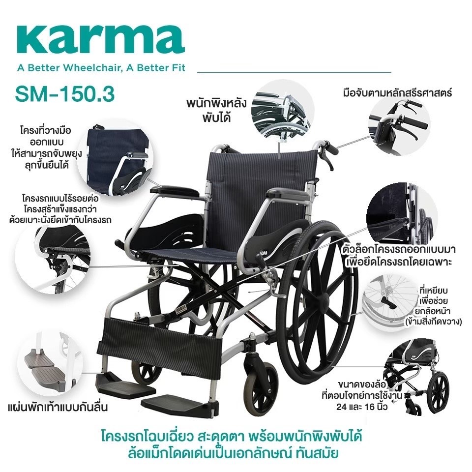 รถเข็นอลูมินัมอัลลอยด์โซม่า SOMA รุ่น SM 150.3 F24 (WheelChair SOMA 150.3 F24) ล้อหลังใหญ่ เหมาะแก่การเดินทาง น้ำหนักเบา แข็งแรงทนทาน ของแท้ รับประกันศูนย์ไทย 1 ปี
