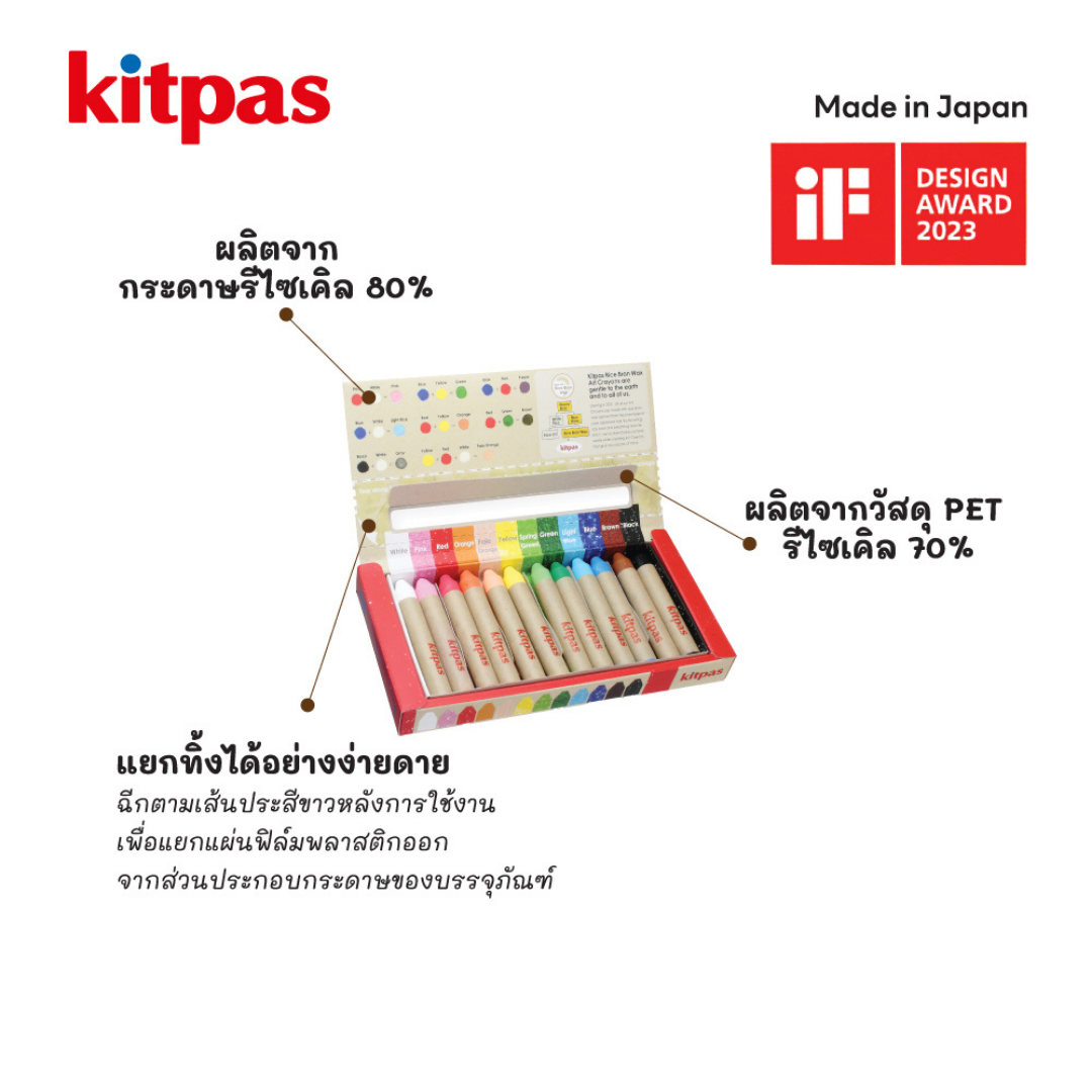 Kitpas สีเทียน สำหรับเด็ก ปลอดภัย ผลิตจากขี้ผึ้งรำข้าวญี่ปุ่น B-KMRW สามารถระบายน้ำได้ ทาบนกระจก หรือผิวหนังได้ พร้อมส่ง