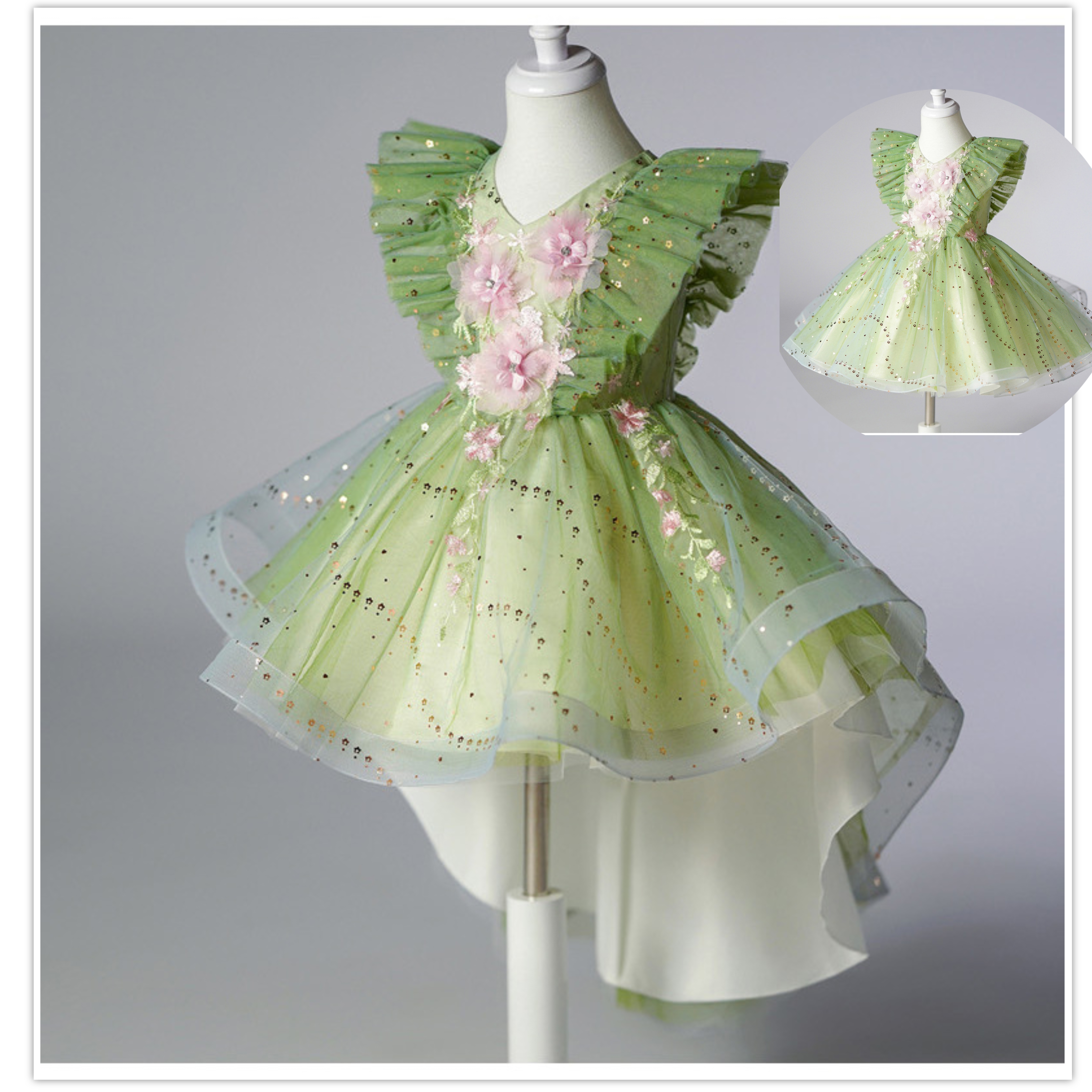 Gd4119- พร้อมส่งจากไทย ชุดเดรสออกงานเด็กสีเขียวตองอ่อน สีสวยเหมือนในแบบ ทรงสั้น และ ทรงหน้าสั้น-หลังยาว ตกแต่งด้วยระบายที่ตัวเสื้อ และติดกลิตเตอร์แน่นทน