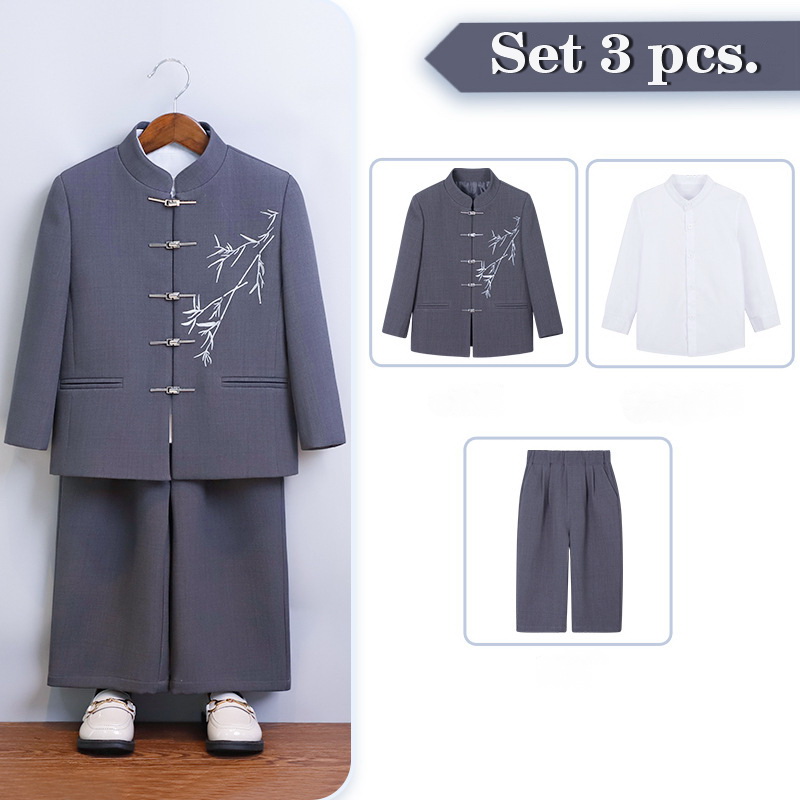 Bset0141- ชุดออกงานเด็กชายสีเทา 3ชิ้น มี เสื้อคอจีนสีเทา+เสื้อคอจีนแขนยาวสีขาว+กางเกงสีเทา ชุดจีนเด็กชายดูดีมีสไตล์ ทรงสวยสุดหรู เนื้อผ้าสวยใส่สบาย ขนาดชุด +ดูเพิ่ม ในรายละเอียด