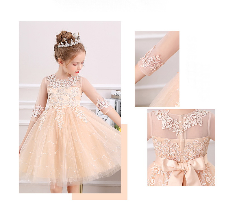 Gd3854- พร้อมส่งจากไทย ชุดออกงานเด็กหญิงสีครีม ลูกไม้สวย แขนยาวซีทรูสวยสุดหรู กระโปรงฟรุ้งฟริ้ง ชุดราตรีเด็กทรงยาว