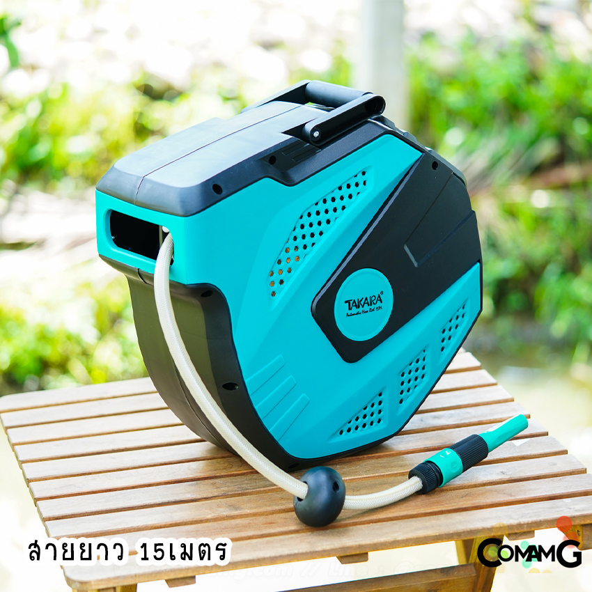 สายยางฉีดน้ำ พร้อมที่เก็บ แบบระบบดึงกลับอัตโนมัติ สายยางใยเชือก4หุน ยาว15เมตร ยีห้อTakara