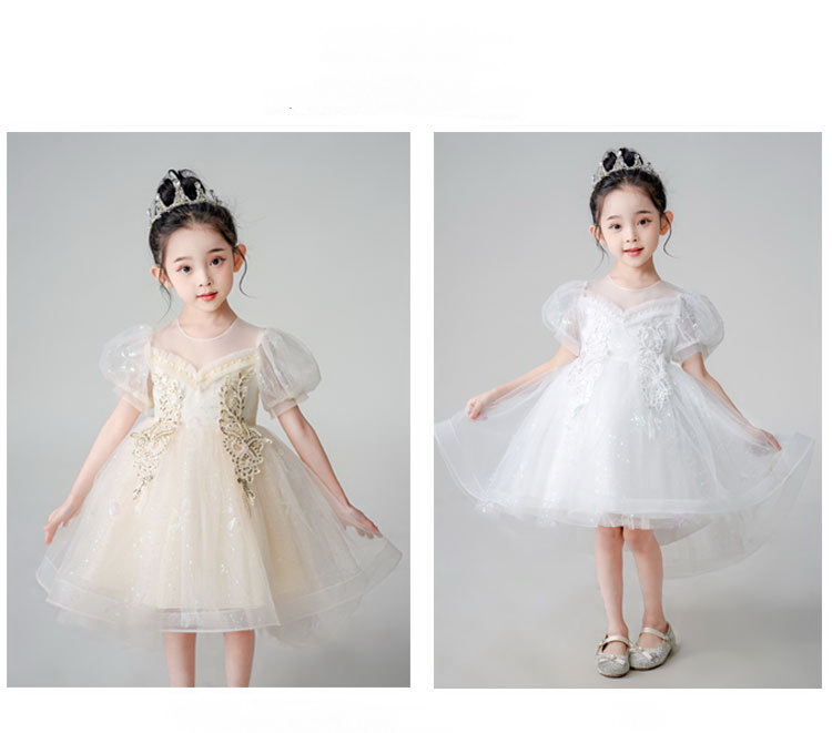Gd4082- พร้อมส่งจากไทย ชุดออกงานเด็กหญิงสีครีม ออกสีทอง ตกแต่งเลื่อมสีทองสุดสวยหรู แขนตุ๊กตามน่ารัก ชุดราตรีเด็กทรงยาวและทรงหน้าสั้น-หลังยาวแบบเดรสทรงหางปลา