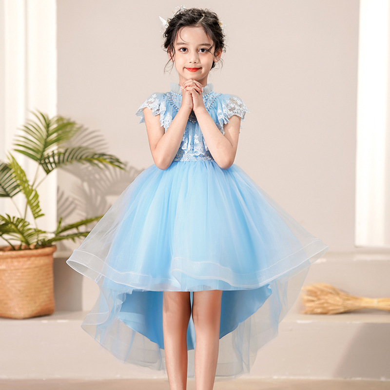 Gd3901- พร้อมส่งจากไทย ชุดออกงานเด็กหญิงสีฟ้า ตกแต่งลูกไม้สวยหวาน กระโปรงฟูนุ่ม ชุดราตรีเด็กทรงsหน้าสั้น-หลังยาวแบบเดรสทรงหางปลา