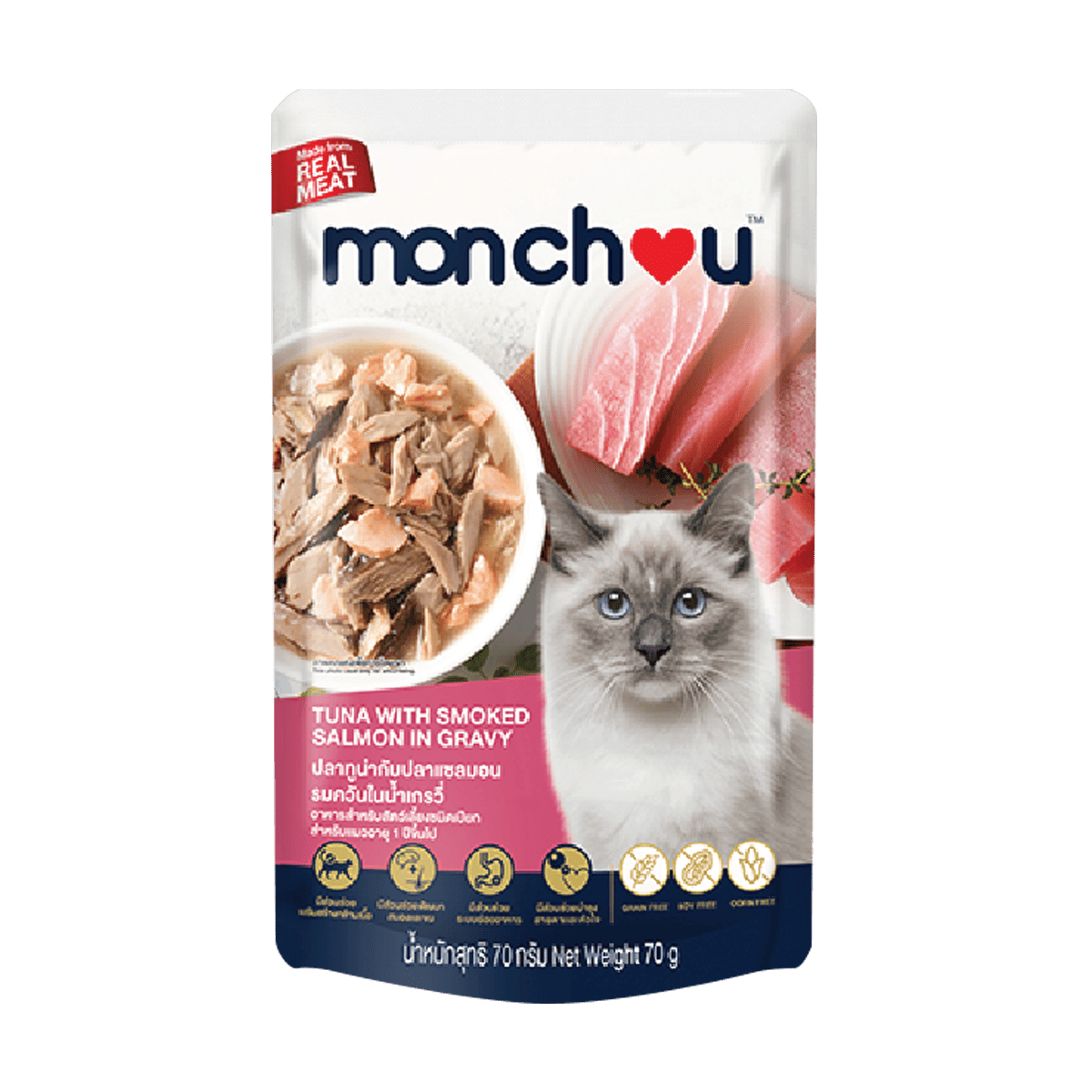 MONCHOU อาหารแมวเปียก 70g 12ซอง ชนิดซอง เนื้อแน่น คุณภาพดี สำหรับแมวอายุ 3 เดือนขึ้นไป หลากหลายรสชาติ