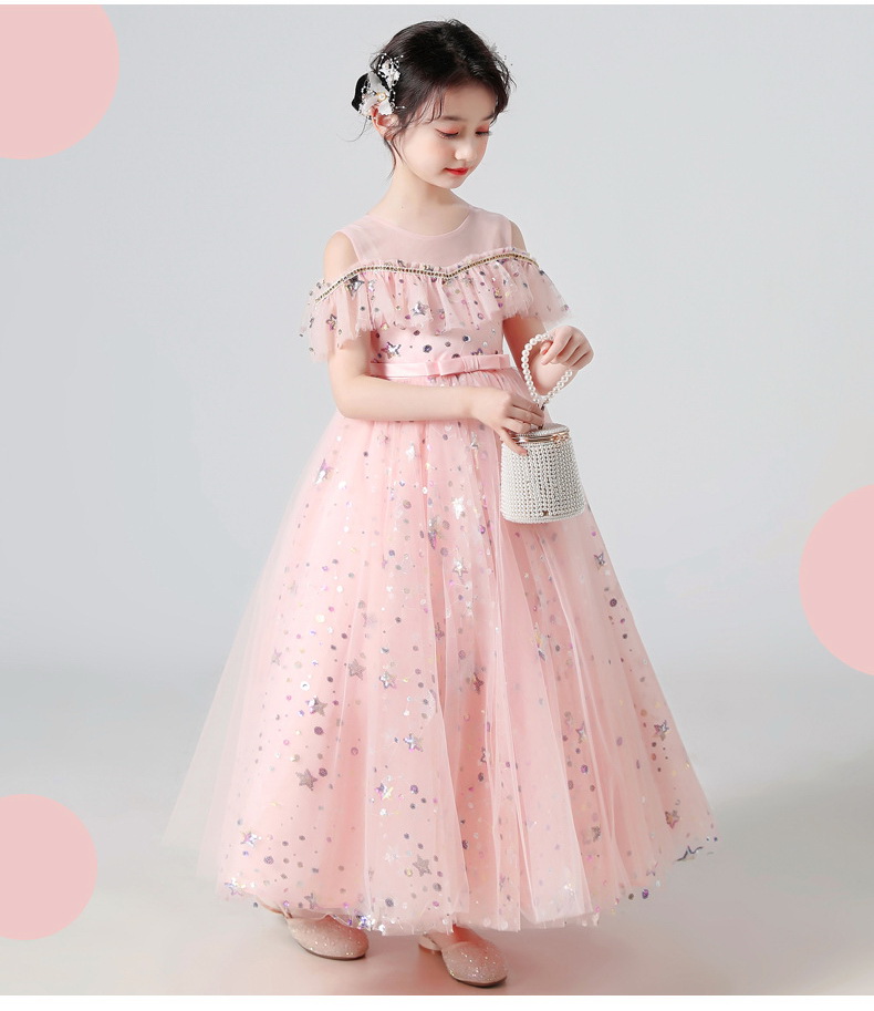 Gd3830- พร้อมส่งจากไทย ชุดออกงานเด็กหญิงสีชมพู สวยหวานด้วยระบายช่วยบน ตกแต่งสวยระยิบระยับ ฟูฟ่องสุดน่ารัก ชุดราตรีเด็กทรงยาวห้าส่วน