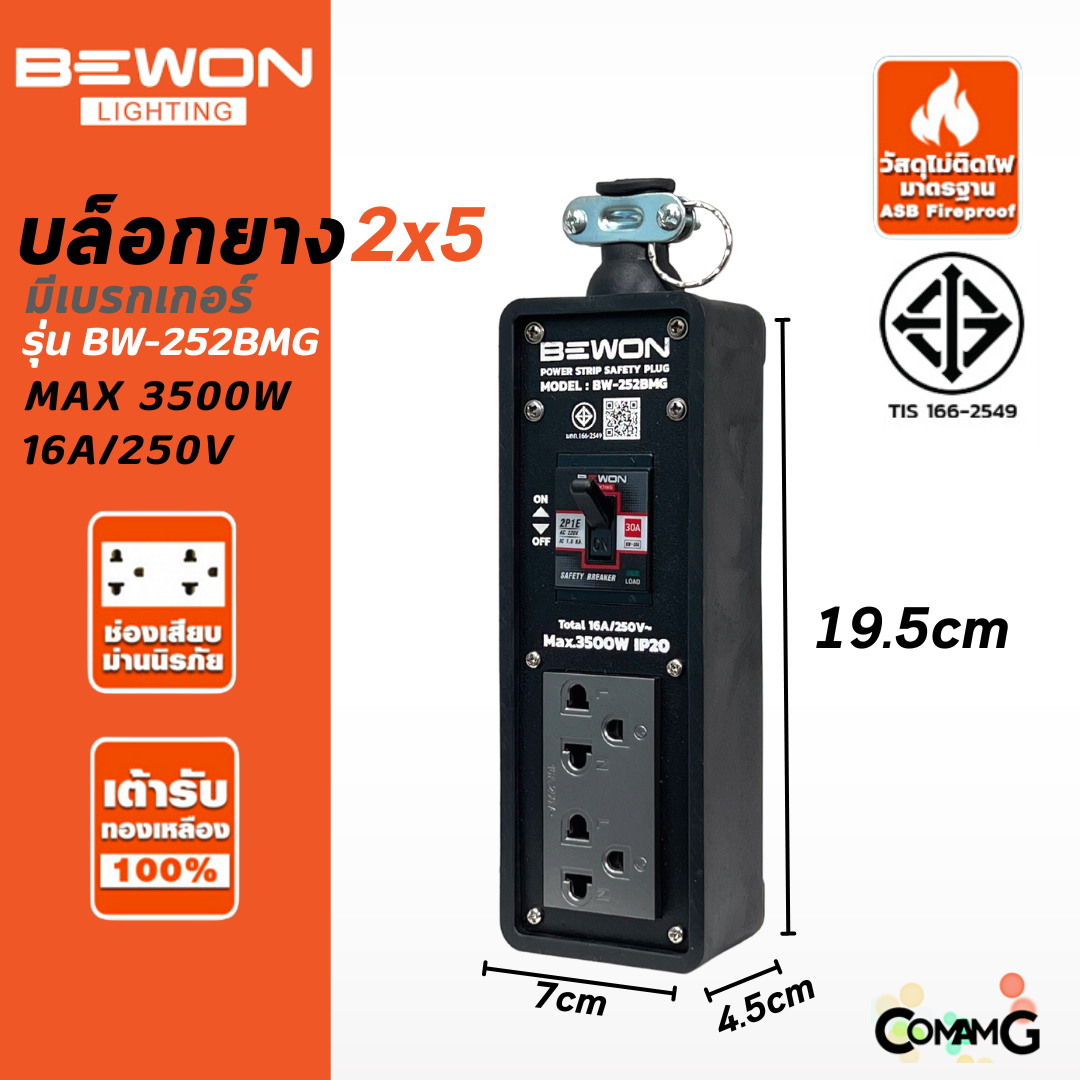 Bewon บล็อกยางพร้อมเต้ารับสีเทา มีมอก. มีหลายขนาด ปลั๊กพ่วงสนาม บล็อกยางกันกระเเทกพร้อมปลั๊กกราวด์คู่