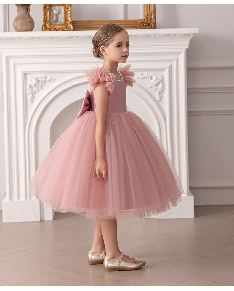 Gd4520- พร้อมส่งจากไทย ชุดออกงานเด็กหญิงสีแดง หลังเว้าสวยหวานด้วยมุก แขนระบายน่ารัก โบว์แยกจากชุดได้ ชุดราตรีเด็กทรงสั้น