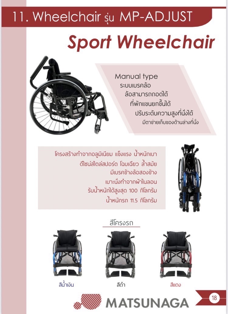 สปอร์ตวีลแชร์ Matsunaga รุ่น MP-Adjust แบรนด์จากประเทศญี่ปุ่น (Best Seller)