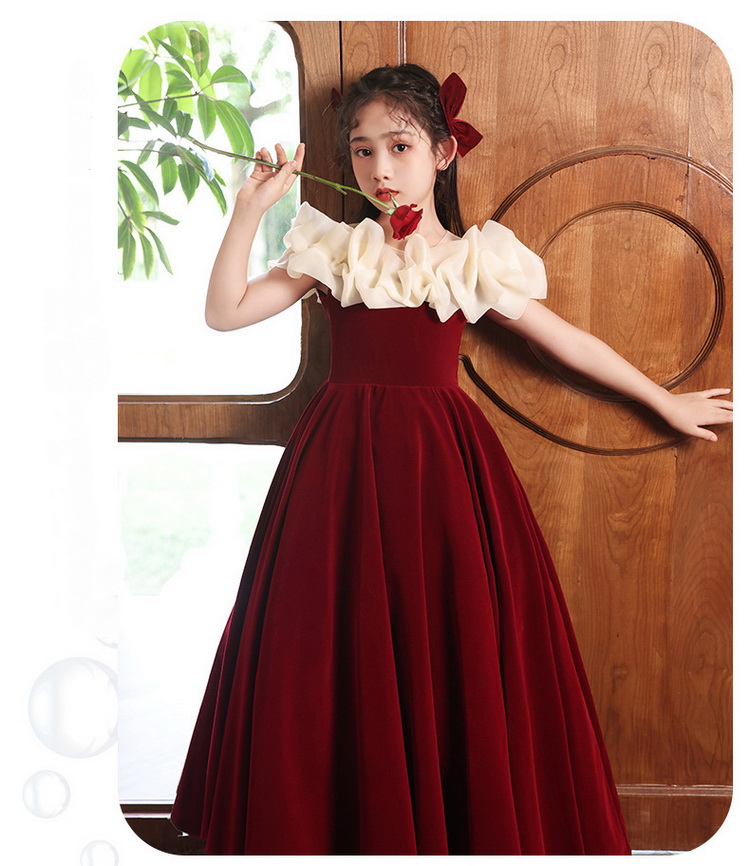 Gd4208- พร้อมส่งจากไทย ชุดราตรีเด็กสีแดงเข้ม ทูโทนสีแดง-ครีม ชุดออกงานเด็กหญิงทรงยาว ผ้ากำมะหยี่สวยสุดหรู ชุดการออกงานการแสดงเด็ก