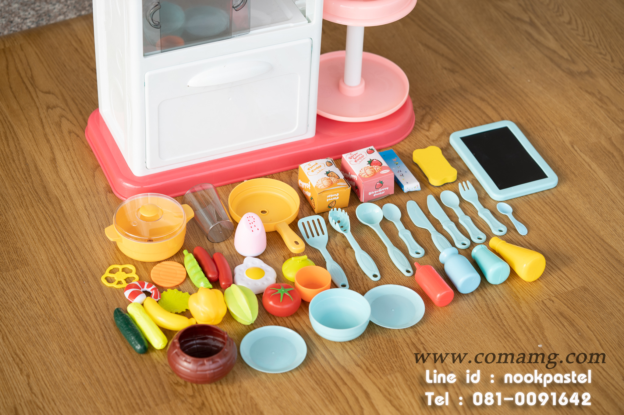 โต๊ะครัวสีชมพูพร้อมอุปกรณ์ 43 ชิ้น น้ำไหลได้จริง (เตาแก๊สมีไอน้ำ)