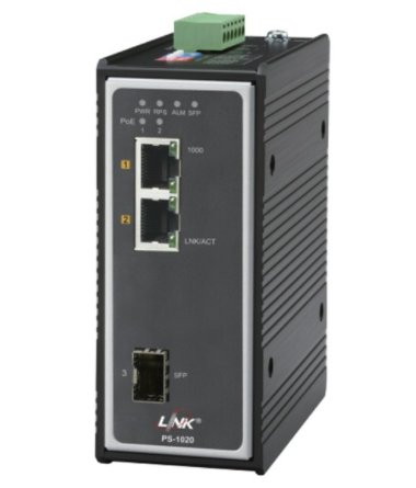 PS-1020 Industrial PoE+ Switch, 2-Port 10/100/1000Base-T PoE/PoE+ and 1-Port Gigabit SFP