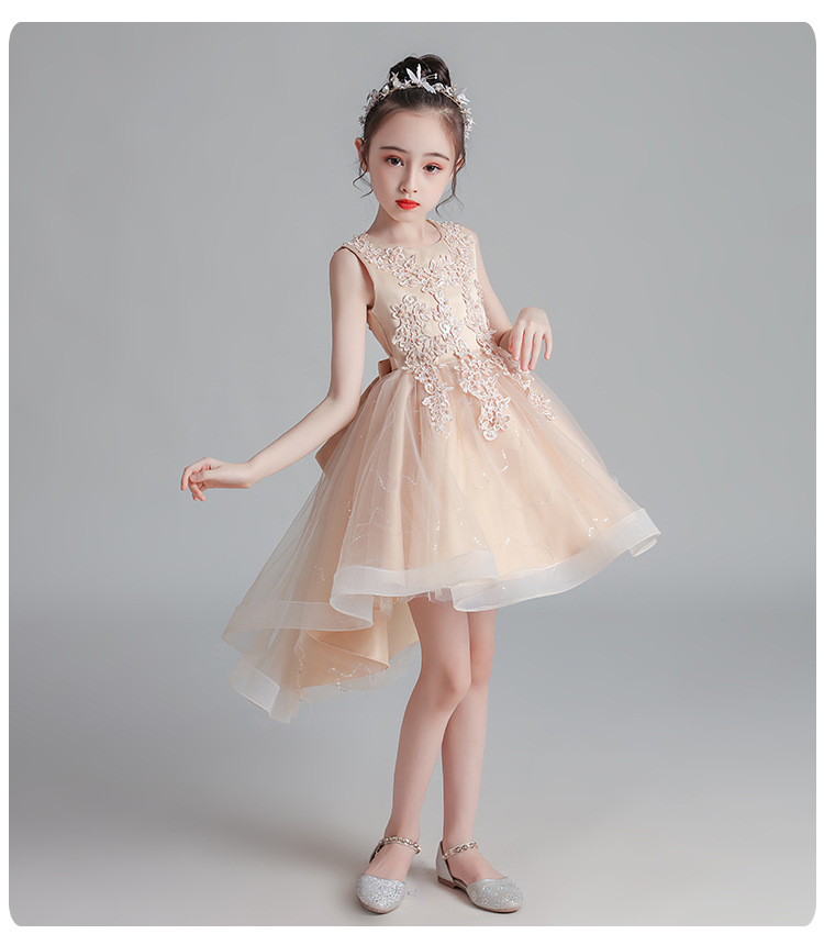 Gd3997- พร้อมส่งจากไทย ชุดออกงานเด็กหญิงสีครีม ลูกไม้สวยกระโปรงฟรุ้งฟริ้ง ชุดราตรีเด็กทรงหน้าสั้น-หลังยาวแบบบเดรสหางปลา ชุดออกงานการแสดง