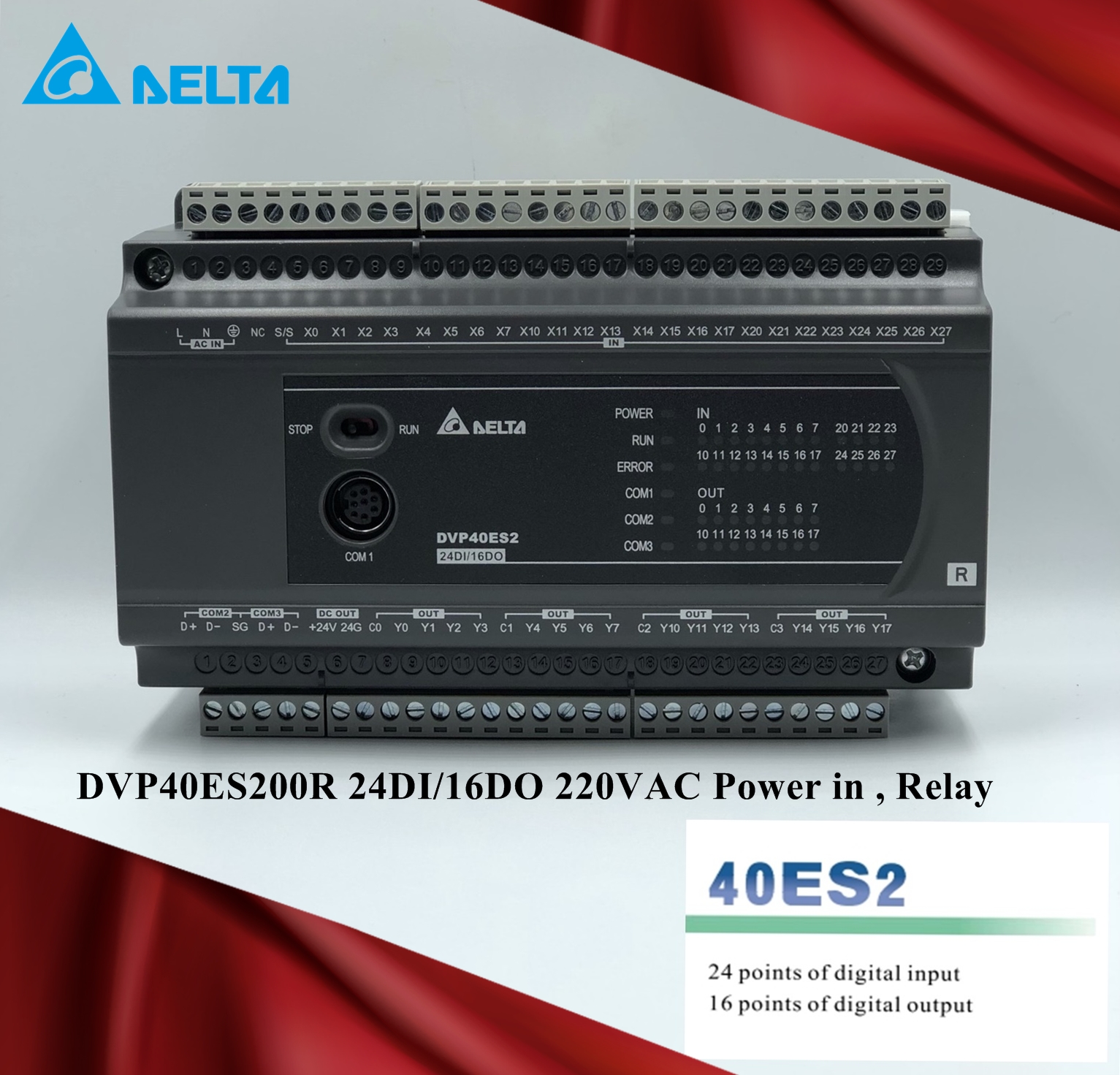 Delta PLC DVP40ES200R 24DI/16DO 220VAC Power in (Relay)
