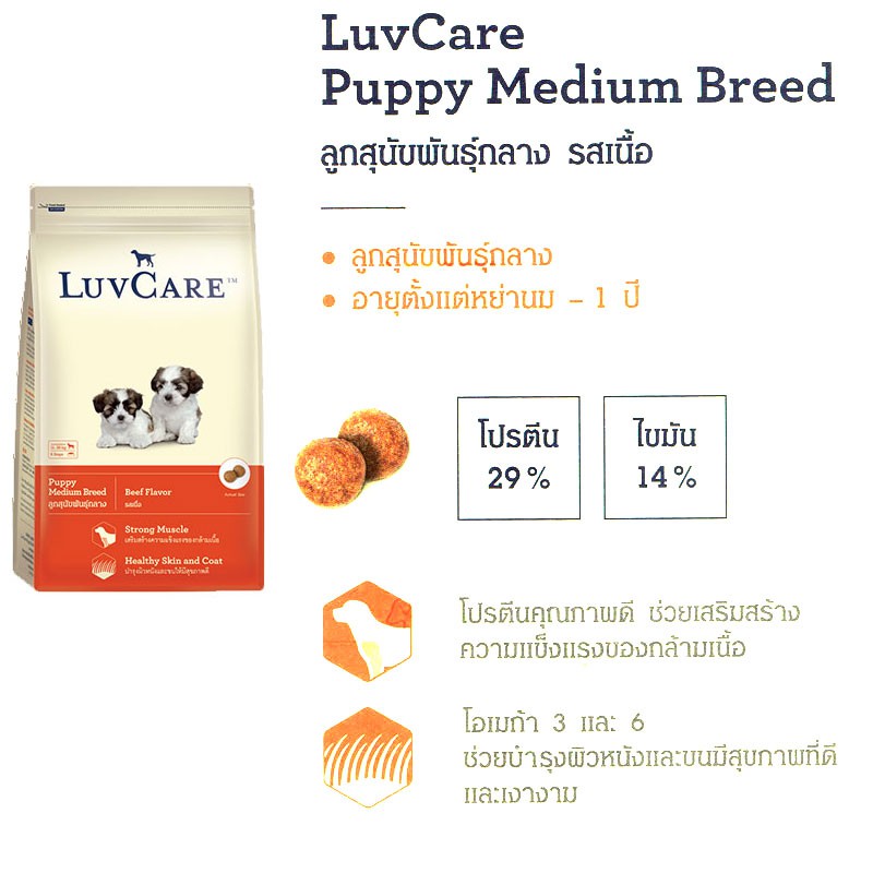 LuvCare Puppy Medium Breeds Beef เลิฟแคร์ อาหารเม็ดสูตรลูกสุนัข พันธุ์ขนาดกลาง รสเนื้อวัว 2 KG