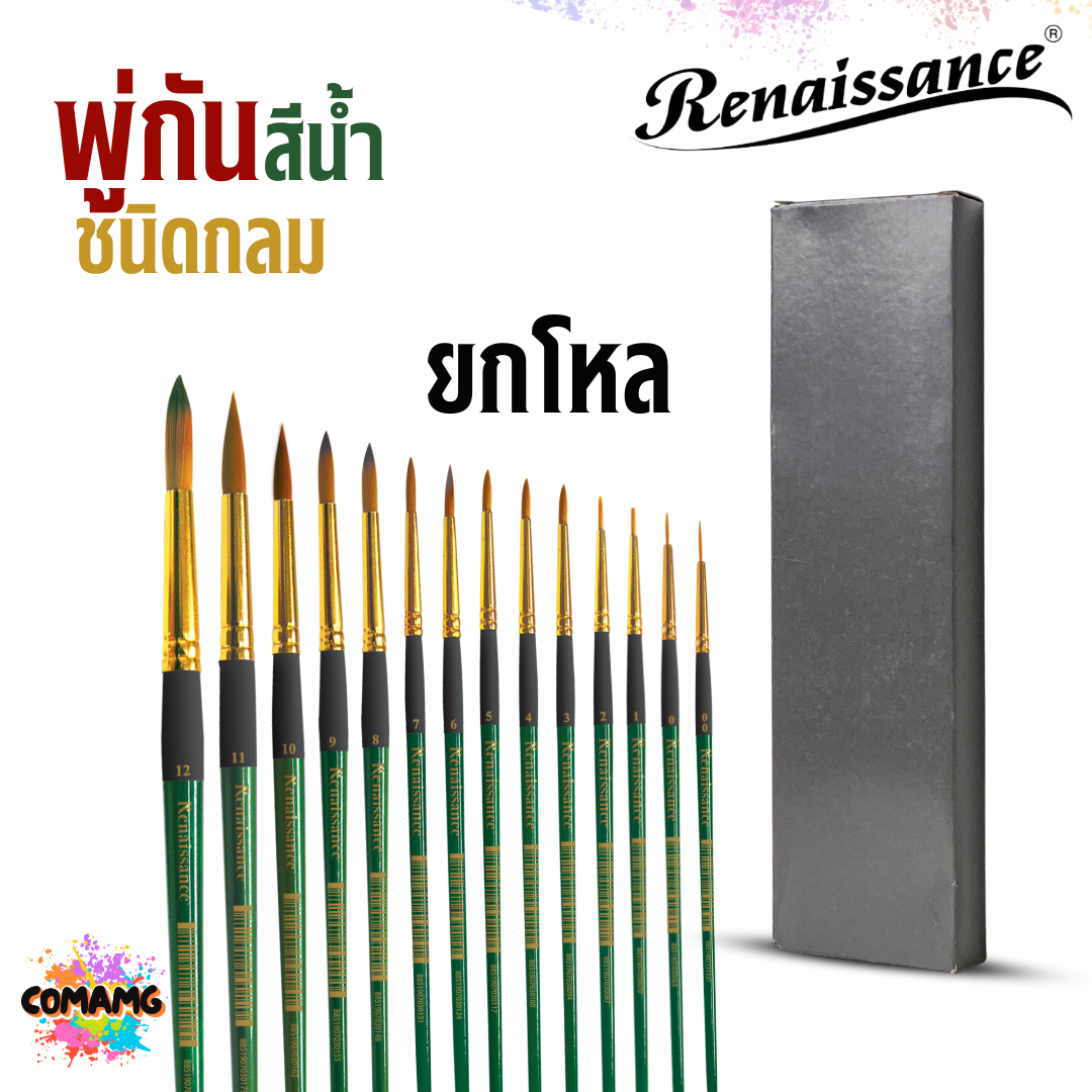 (ยกกล่อง 12ด้าม) Renaissance พู่กันสีน้ำ ชนิดกลม เรนาซองค์ มีเบอร์ 00-12 พร้อมส่ง ปลอกอลูมิเนียมสีทอง