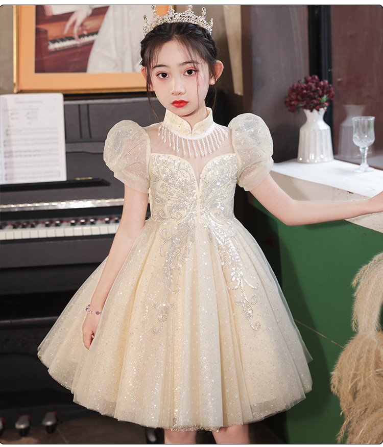 Gd4108- พร้อมส่งจากไทย ชุดออกงานเด็กหญิงสีครีม แขนสวยทรงสวยสุดน่ารัก ชุดราตรีเด็กทรงสั้น