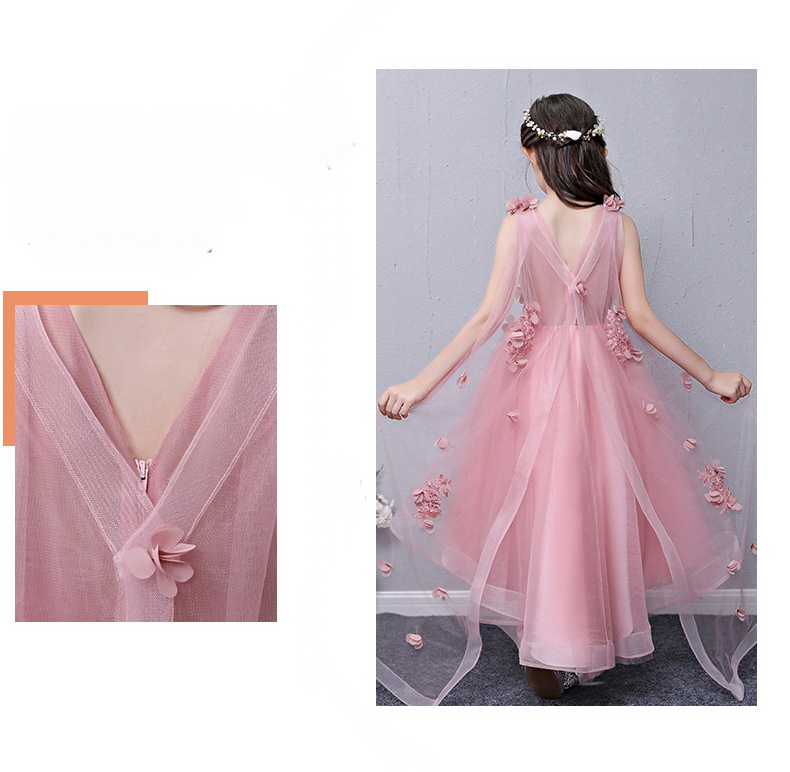 Gd32832-3 พร้อมส่งจากไทย ชุดราตรีเด็กสีชมพูกลีบบัว มีสไบสวยหรูเหมือนปีก ชุดออกงานเด็กหญิงทรงยาวห้าส่วน