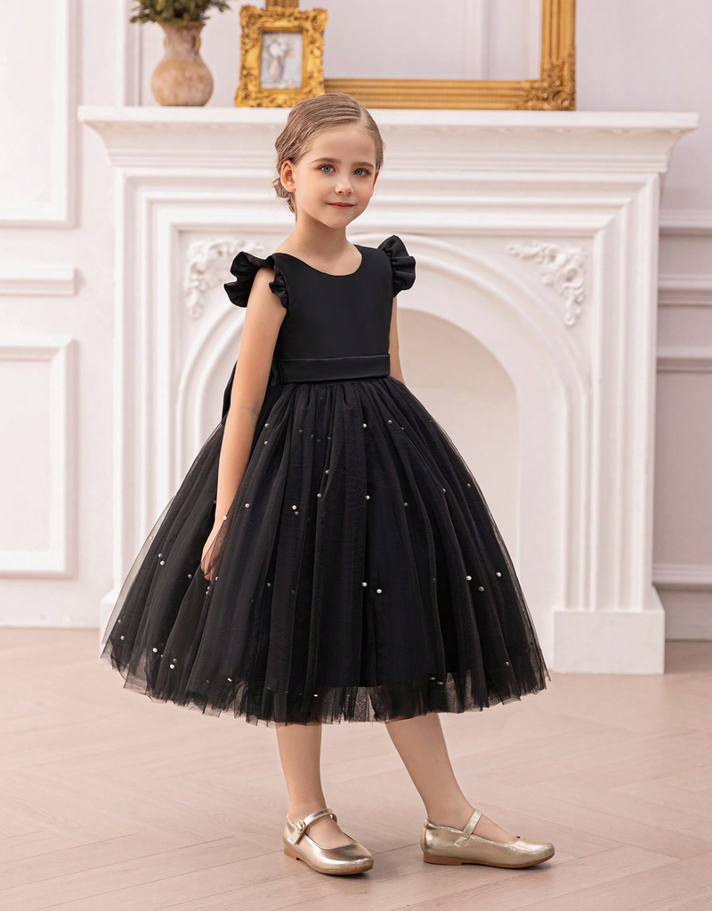 Gd4340- พร้อมส่งจากไทย ชุดออกงานเด็กหญิงสีดำ แขนระบายสุดน่ารัก โบว์ใหญ่สวยๆ แยกจากชุดได้ ตกแต่งมุกที่กระโปรง ตัวเสื้อเงาดุจผ้าไหม ชุดราตรีเด็กทรงสั้น