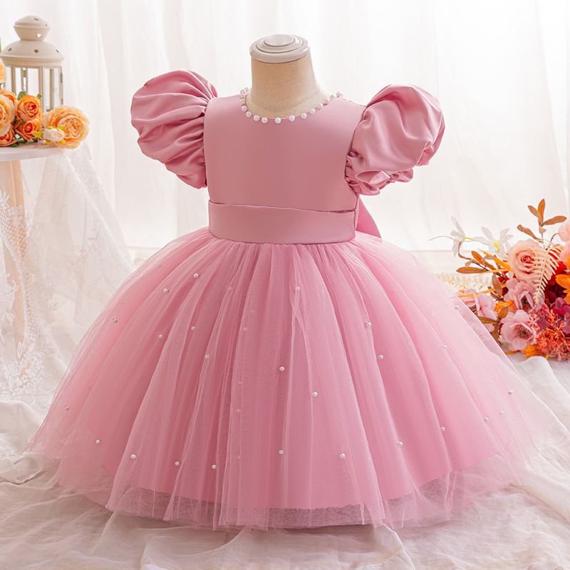 Gd4506- พร้อมส่งจากไทย ชุดออกงานเด็กหญิงสีชมพู แขนตุ๊กตาสวย ทรงสวยมีสไตล์ ชุดราตรีเด็กทรงสั้น