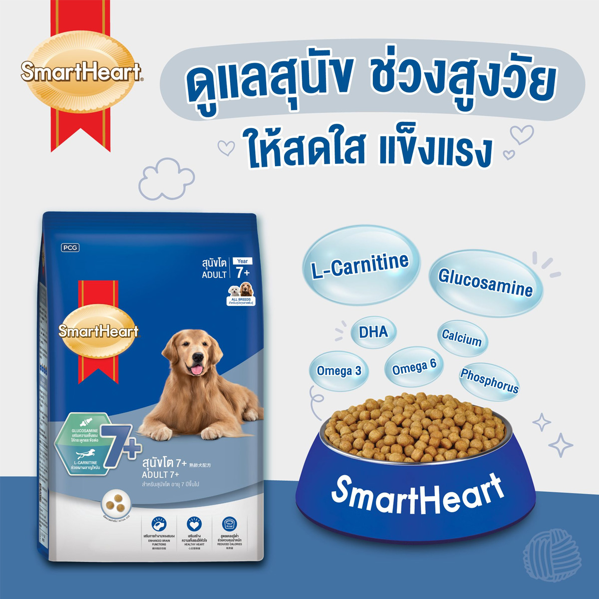 SmartHeart Dry Food สมาร์ทฮาร์ท อาหารสุนัขโต สุนัขสูงวัย 7+ ขนาด 450กก./ 450g
