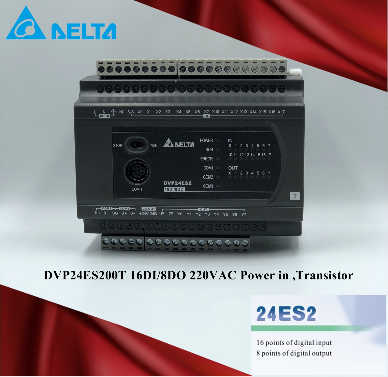 Delta PLC DVP24ES200T 16DI/8DO 220VAC Power in (Transistor)
