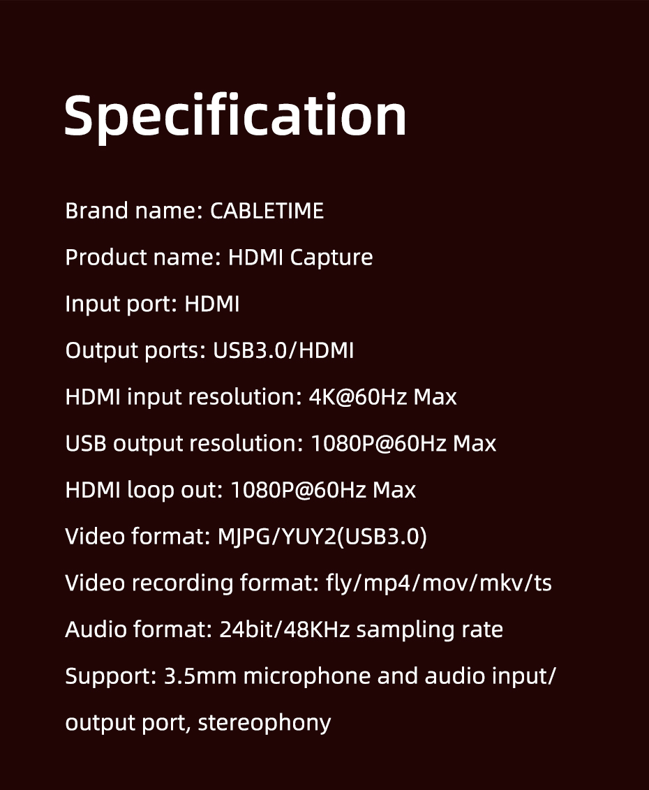 CABLETIME 4K Ultra HDMI Video Capture Card Device For Live Streaming
