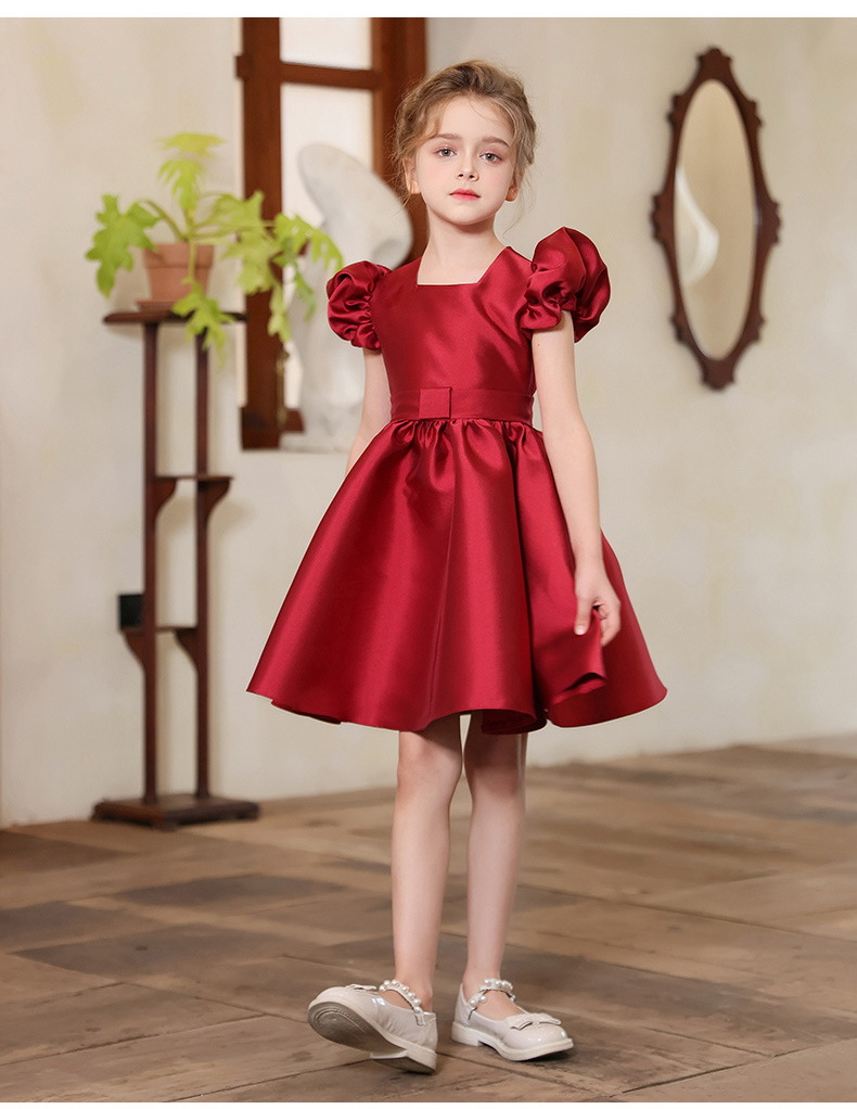 Gd4505- พร้อมส่งจากไทย ชุดออกงานเด็กหญิงสีแดง แขนตุ๊กตาสวย ผ้าสวยดุจไหม ทรงสวยมีสไตล์ ชุดราตรีเด็กทรงสั้น