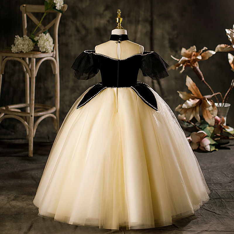 Gd4206- พร้อมส่งจากไทย ชุดราตรีเด็กสีครีม ทูโทนสีดำ-ครีม ชุดออกงานเด็กหญิงทรงยาว ตกแต่งสวย สไตล์สุดหรูหรา ชุดการออกงานการแสดงเด็ก