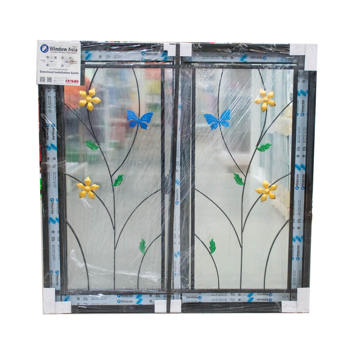 WindowAsia หน้าต่างเหล็กดัด ลายผีเสื้อ สีดำ (มุ้ง) ขนาด 100x100