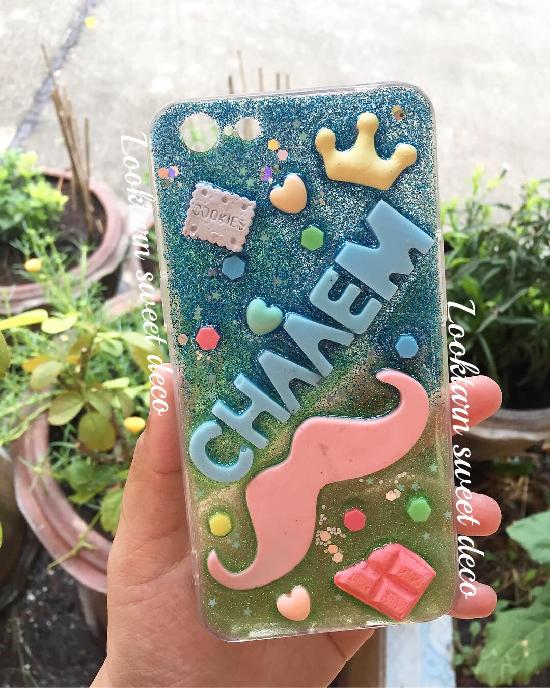 เคสกากเพชรฟ้าเข้ม เขียวอ่อน อักษรสีฟ้า