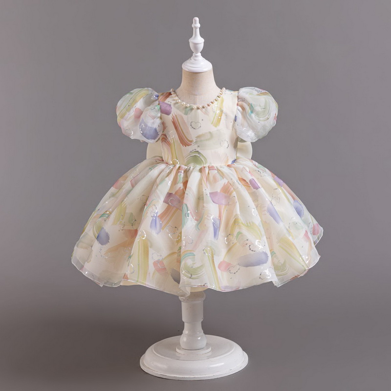 Gd4050- พร้อมส่งจากไทย ชุดราตรีเด็กสีครีม ชุดออกงานเด็กหญิงทรงสั้น ลายสวยหวาน แต่งโบว์และมุกสุดสวยหวาน มีแขนตุ๊กตา ลุคคุณหนูสุดน่ารัก สำหรับเด็กเล็ก-เด็กโต