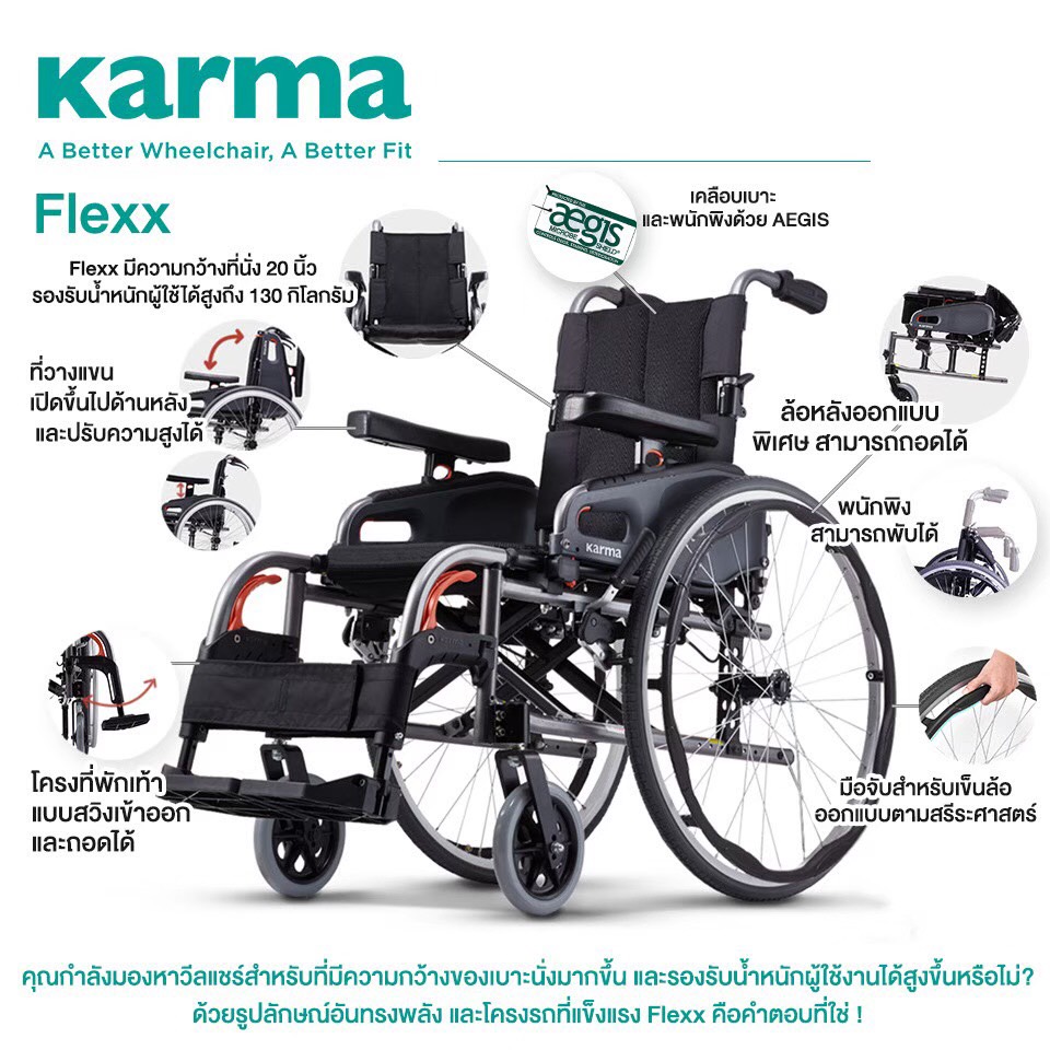 รถเข็นอลูมินัมอัลลอยด์คาร์ม่า KARMA รุ่น FLEXX (KM-8522) เบาะกว้างพิเศษ 20 นิ้ว รองรับน้ำหนักสูงสุด 130 กิโลกรัม เหมาะสำหรับ คนมีรูปร่างใหญ่, คนที่มีน้ำหนักมาก, คนไซร์ฝรั่ง, สูง ใหญ่ ของแท้ รับประกันศูนย์ไทย 5 ปี