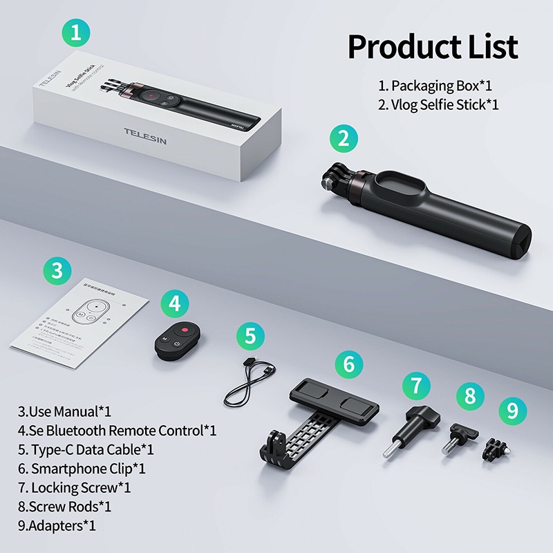 GoPro 11 / 10 / 9 / Max / Mobile Telesin 2 in 1 Vlog Selfie Stick - 0.7 m with Remote control ไม้รีโมทคอนโทรล+ขาตั้ง รีโมทบลูทูธ