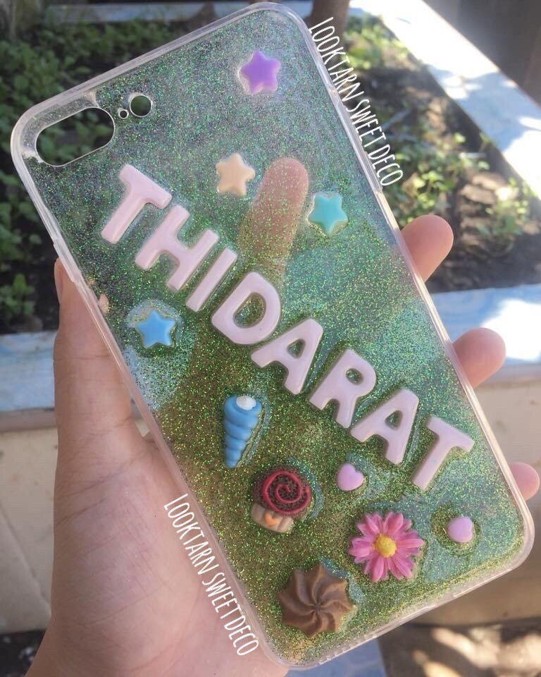 เคสกากเพชรสีขาว เขียว อักษรสีชมพู