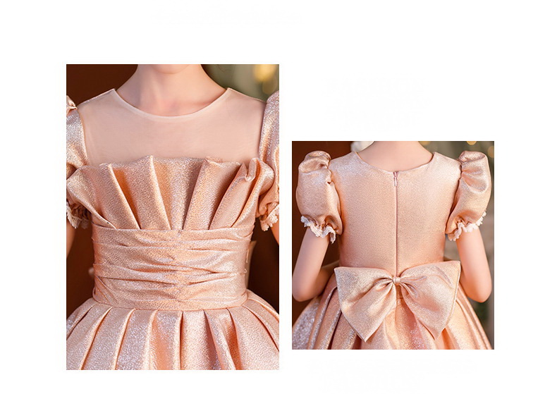 Gd4523- พร้อมส่งจากไทย ชุดออกงานเด็กหญิงสีชมพู แบบชมพูโรสโกลด์ หรือสีพิ้งค์โกลด์ สีสวยผ้าสวยสุดหรูหรา โบว์แยกจากชุดได้ ชุดราตรีเด็กทรงสั้น