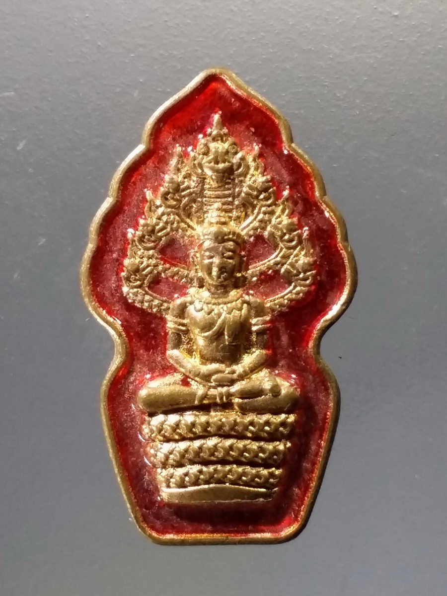 Antig Pim 022 เหรียญทองแดงลงยา พระนาคปรกใบมะขาม หลังเรียบ มีจารอักขระอาคม ไม่ทราบที่