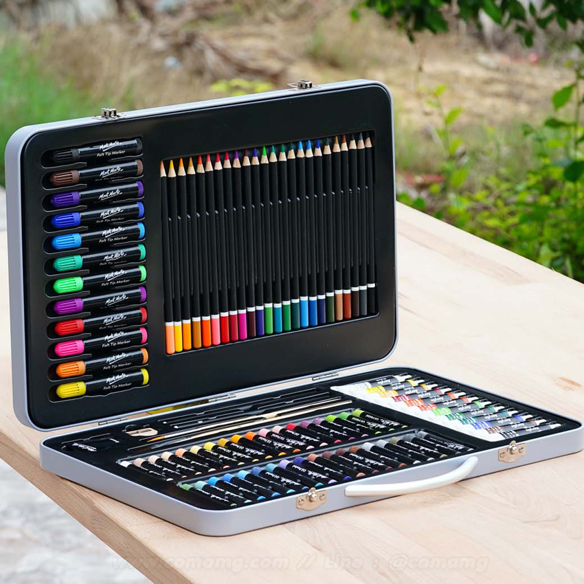 ชุดสี Mont Marte กระเป๋ากล่องเหล็ก อุปกรณ์วาดรูป 90 ชิ้น สีอะคริลิค ชอล์คน้ำมัน สีไม้ เมจิก พร้อมพู่กัน และอุปกรณ์วาดเขียน