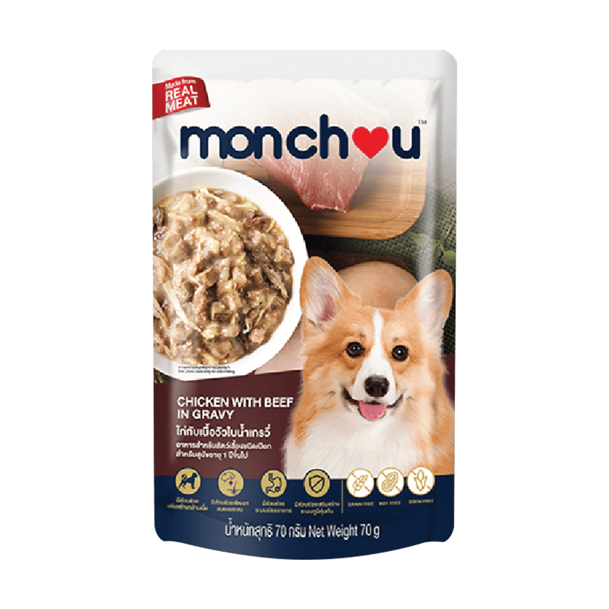 MONCHOU POUCH DOG มองชู อาหารเปียกสุนัข 70g x 12 ซอง สูตรไก่ ตับไก่ ผักรวม อร่อย ย่อยง่าย สำหรับสุนัขทุกสายพันธุ์
