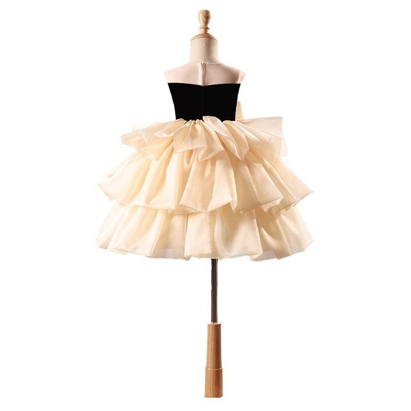 Gd4515- พร้อมส่งจากไทย ชุดออกงานเด็กหญิงสีครีม-สีดำ ทูโทน สุดสวยหรู ไหล่ซีทรู กระโปรงหลายชั้นฟูสวย โบว์แยกจากชุดได้ ชุดราตรีเด็กทรงสั้น