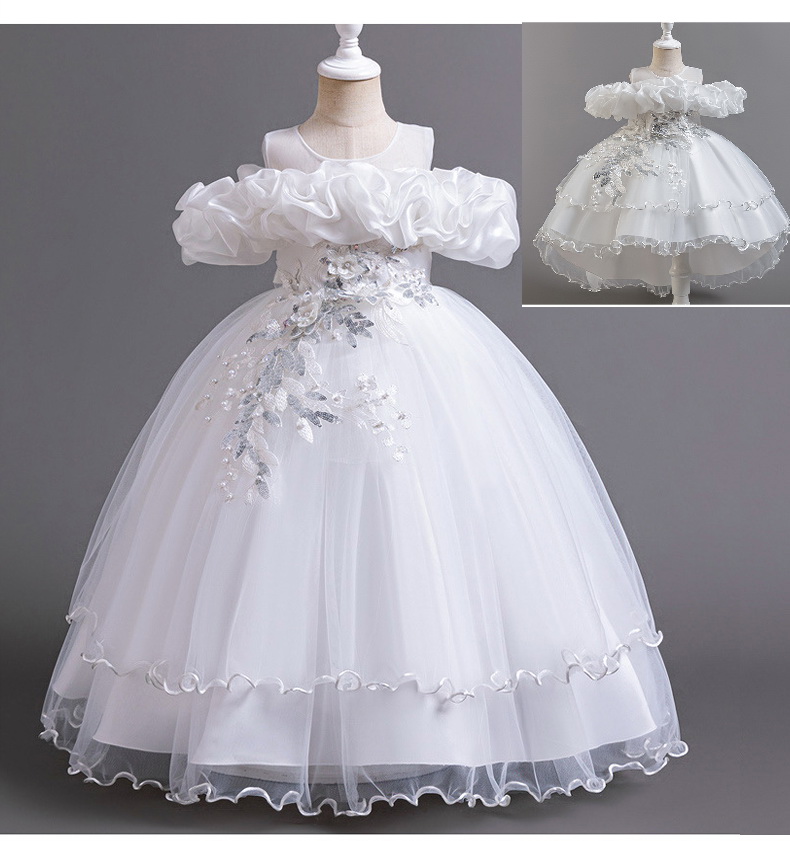 Gd4300- พร้อมส่งจากไทย ชุดออกงานเด็กหญิงสีขาว แขนสวยทรงสวยสุดน่ารัก ชุดราตรีเด็กทรงสั้น และทรงหน้าสั้น-หลังยาว