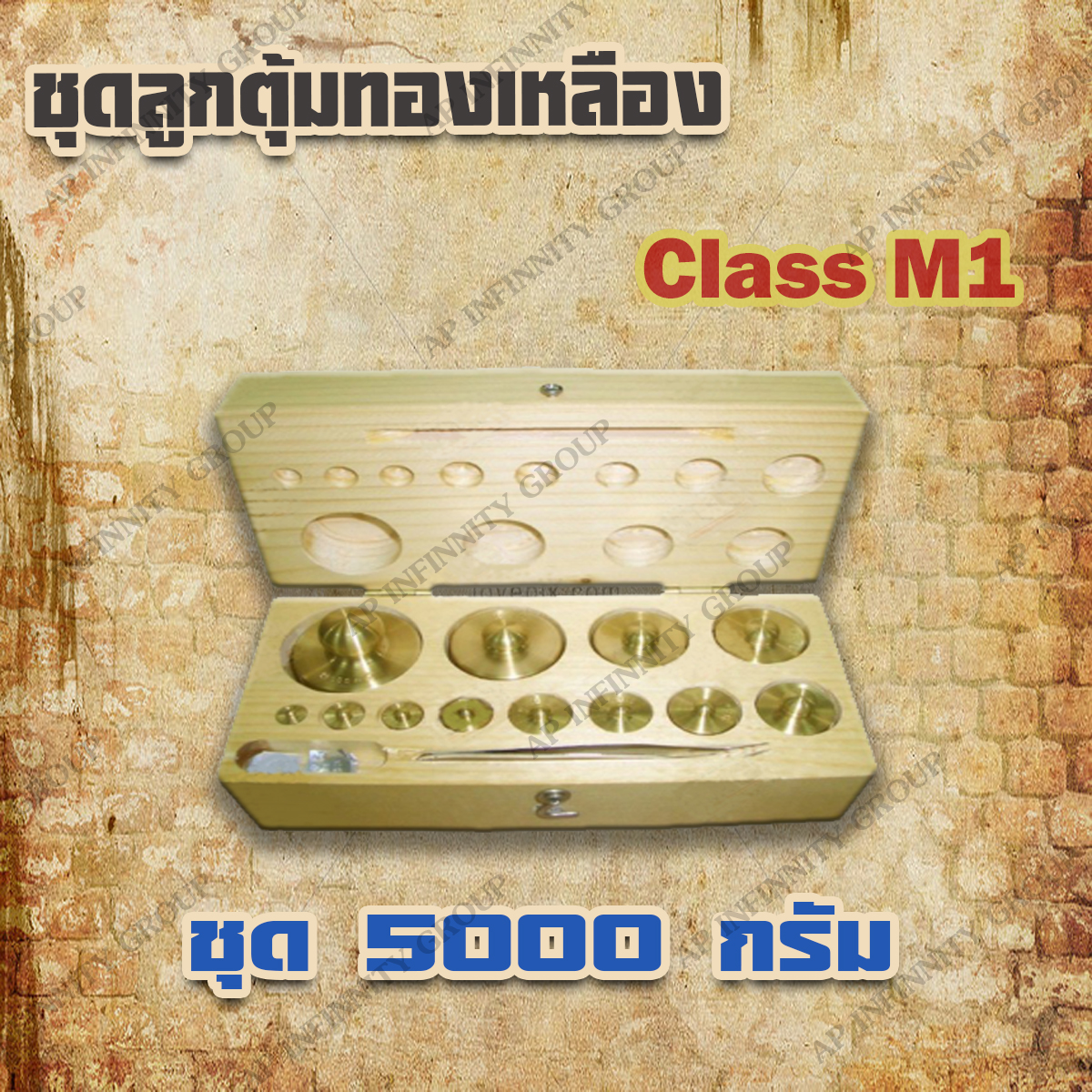 ตุ้มน้ำหนักทองเหลืองชุด 5kg Class M1 ชุดตุ้มน้ำหนักทองเหลือง 5kg พร้อมที่คีบ บรรจุในกล่องไม้บุกำมะหยี่