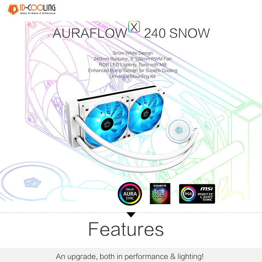ชุดน้ำ ID-COOLING AURAFLOW X 240 Snow สีขาว ชุดน้ำระบายความร้อนCPU 2ตอน