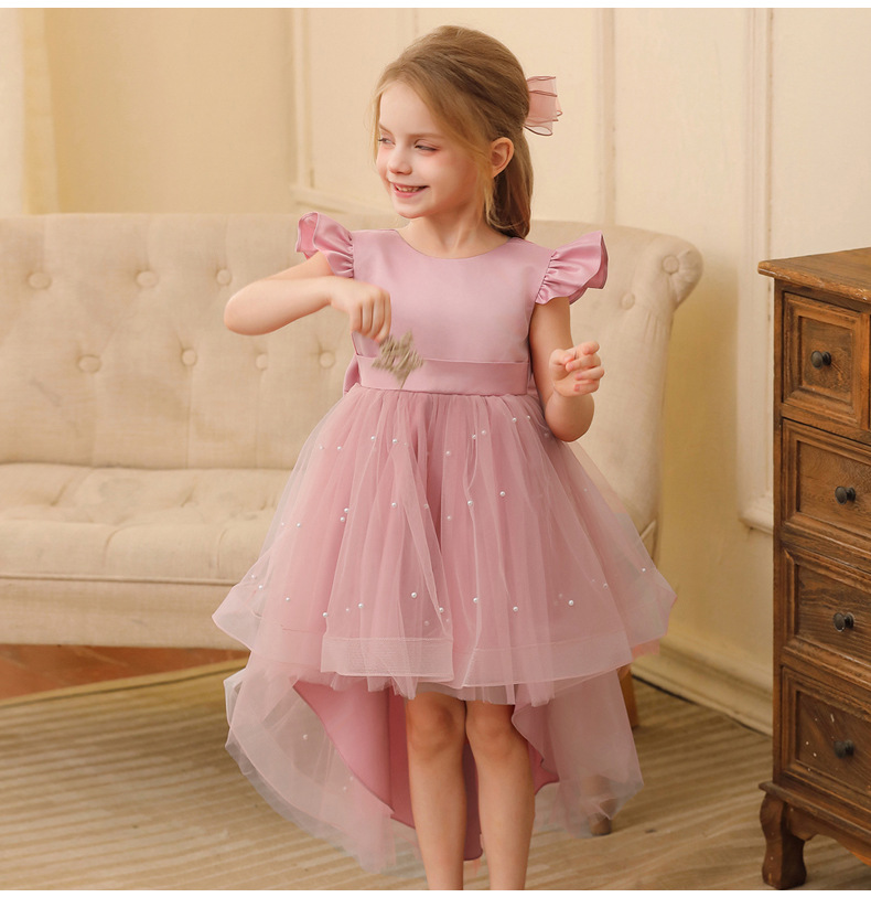 Gd4118- พร้อมส่งจากไทย ชุดราตรีเด็กสีชมพู และชมพูกลีบบัว ชุดออกงานเด็กหญิงทรงยาว และหน้าสั้น-หลังยาว ตกแต่งมุก ทรงสวยสุดหวาน สำหรับเด็กเล็ก-เด็กโต