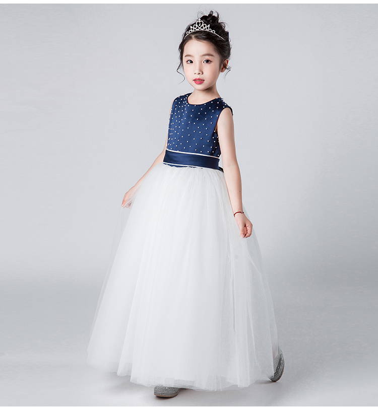 Gd34791 ชุดเดรสออกงานเด็กสีน้ำเงินเข้ม แต่งมุกแบบหมุดปักสวยหรู ชุดราตรีเด็กทรงยาว