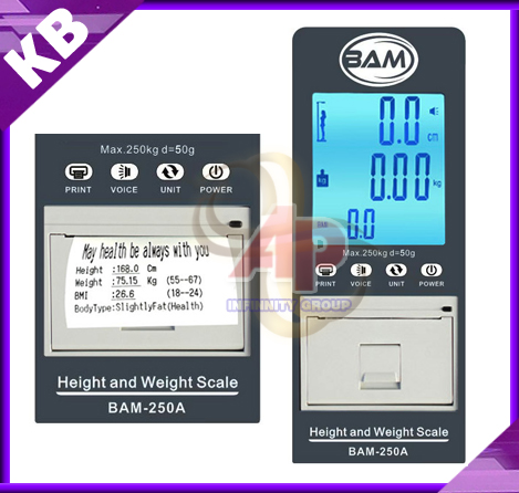 เครื่องชั่งน้ำหนักบุคคล เครื่องชั่งดิจิตอลพร้อมชุดวัดส่วนสูงพร้อม BMI คำนวณค่าดัชนีมวลกาย (Body Mass Index) พิกัดกำลัง 250 kg และชุดวัดส่วนสูง 30 - 200 cm BAM รุ่น BAM-250A